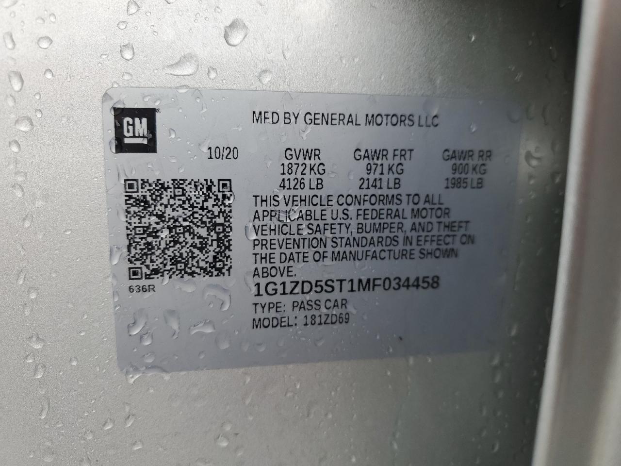 2021 Chevrolet Malibu Lt VIN: 1G1ZD5ST1MF034458 Lot: 85008825