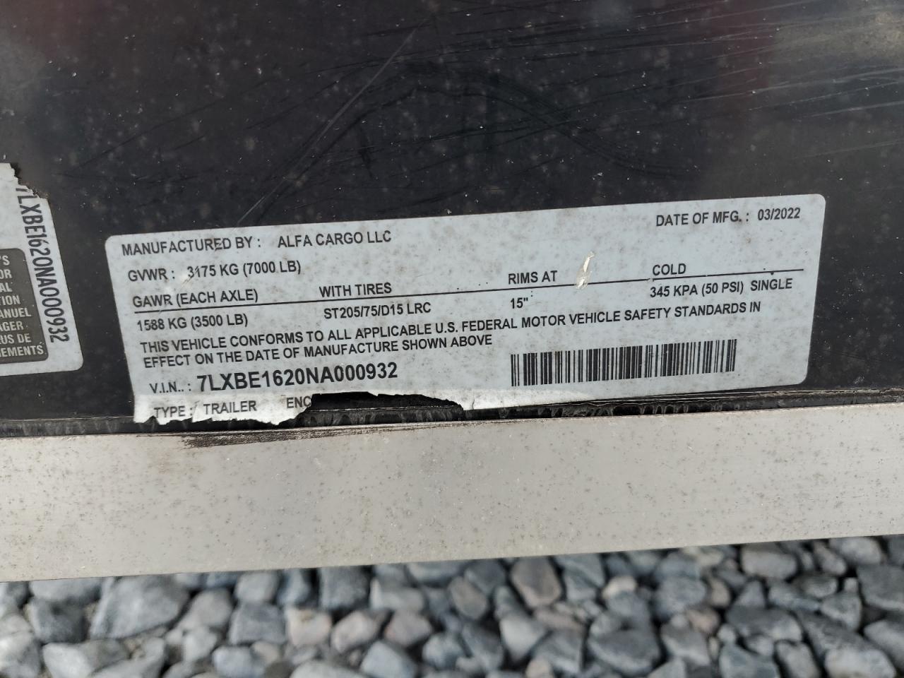 2022 Alfa Cargo Enclosed Cargo Trailer VIN: 7LXBE1620NA000932 Lot: 82386255