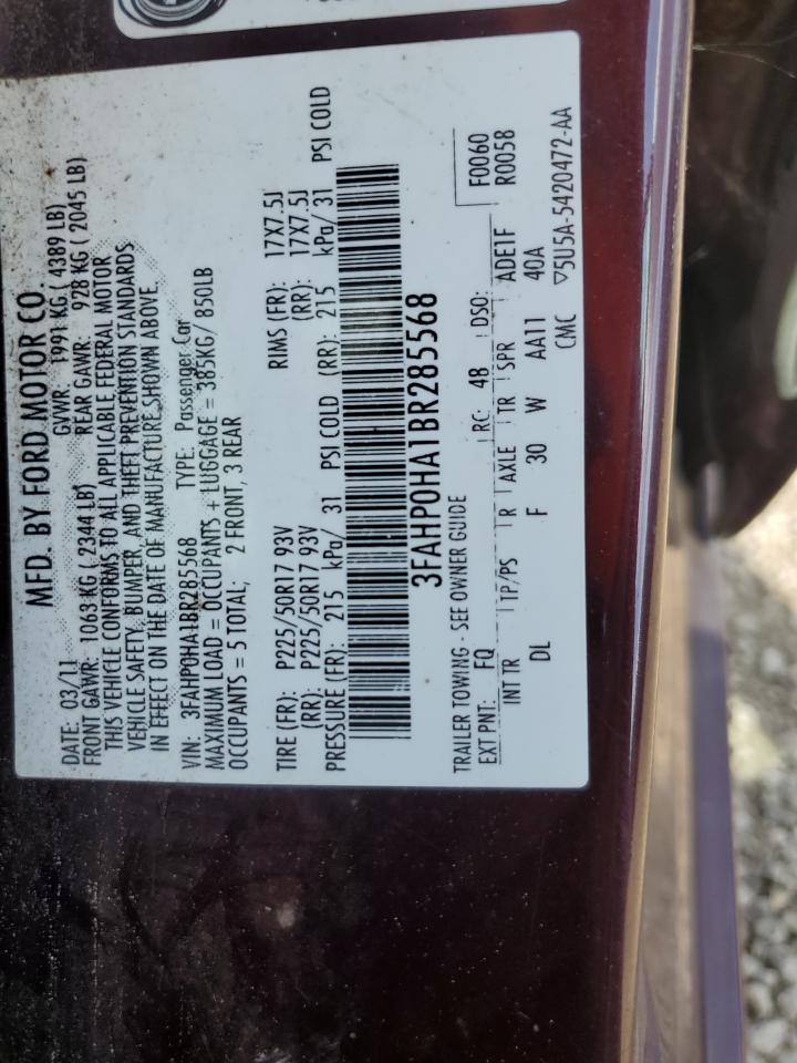 2011 Ford Fusion Se VIN: 3FAHP0HA1BR285568 Lot: 84436995