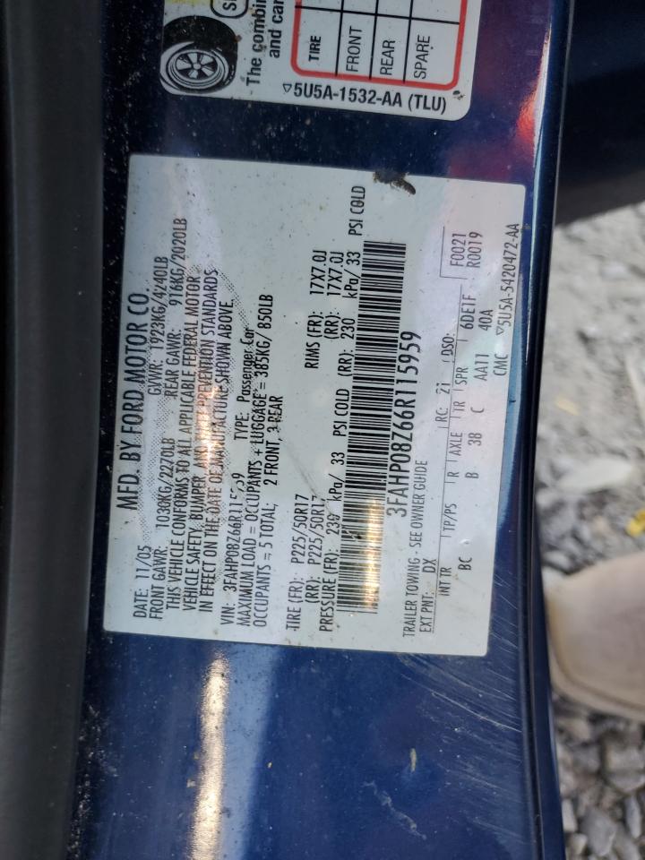 2006 Ford Fusion Sel VIN: 3FAHP08Z66R115959 Lot: 89473065