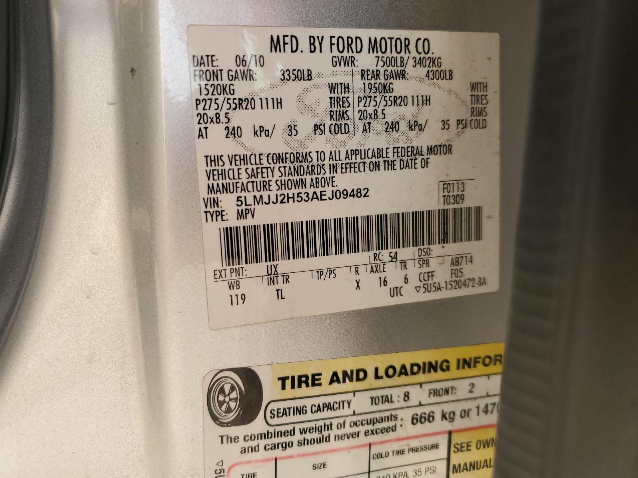 2010 Lincoln Navigator VIN: 5LMJJ2H53AEJ09482 Lot: 82729785