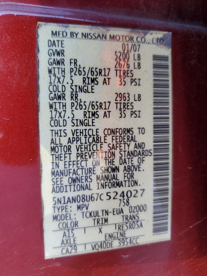 2007 Nissan Xterra Off Road VIN: 5N1AN08U67C524027 Lot: 81977635