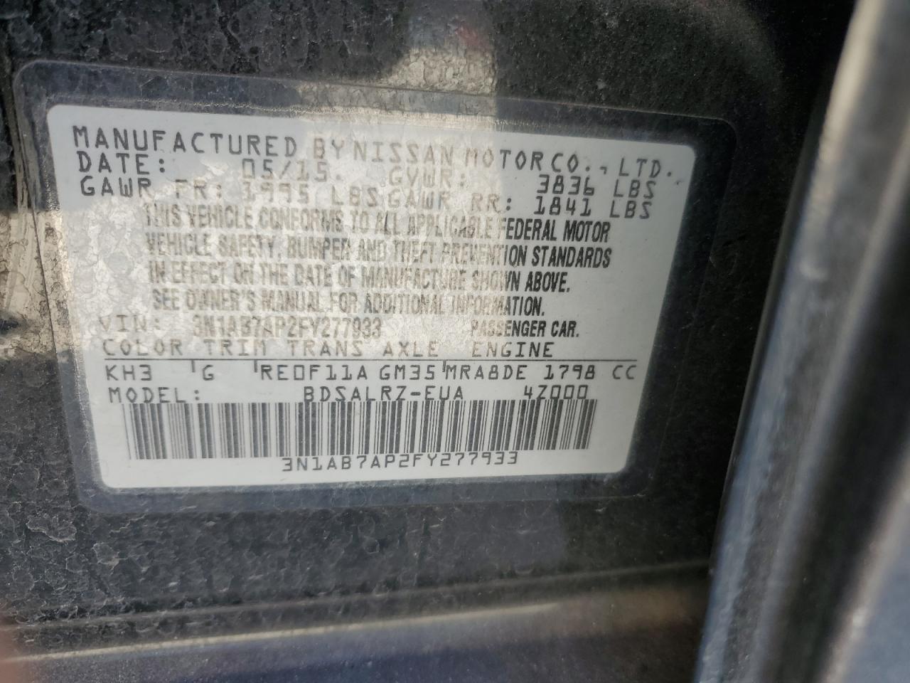 2015 Nissan Sentra S VIN: 3N1AB7AP2FY277933 Lot: 87068535