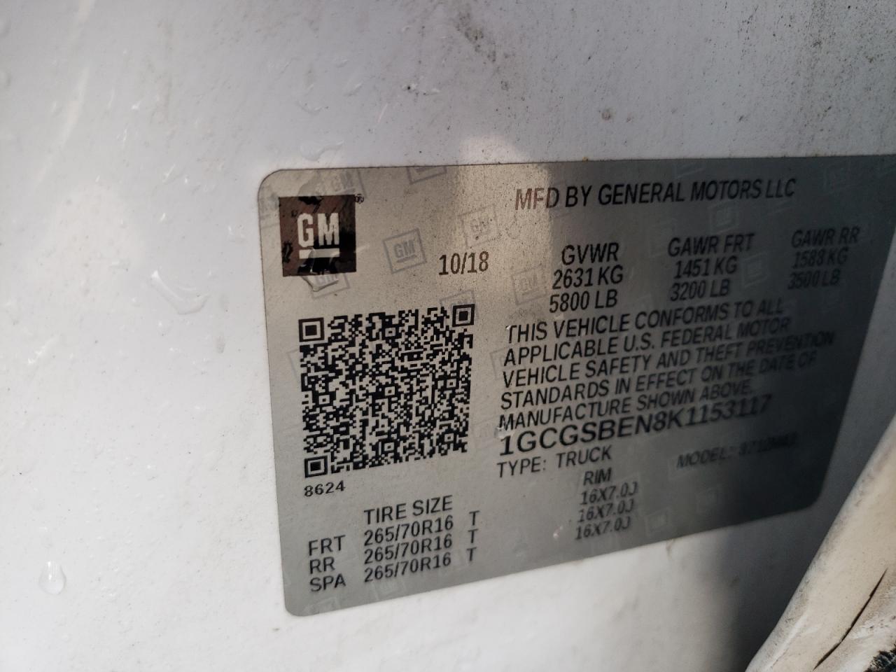 2019 Chevrolet Colorado VIN: 1GCGSBEN8K1153117 Lot: 86637505