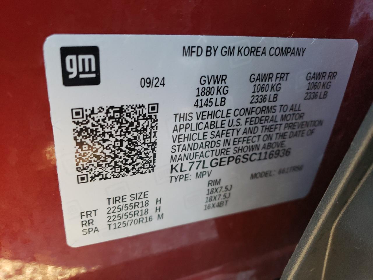 2025 Chevrolet Trax 1Rs VIN: KL77LGEP6SC116936 Lot: 86068695