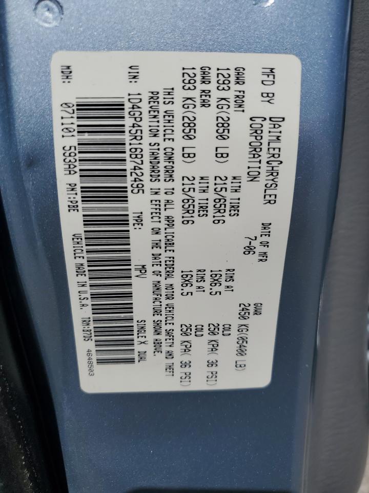 2006 Dodge Caravan Sxt VIN: 1D4GP45R16B742495 Lot: 85894865