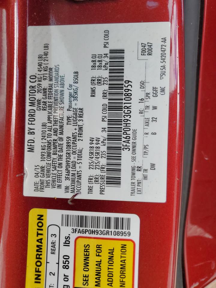 2016 Ford Fusion Se VIN: 3FA6P0H93GR108959 Lot: 84795395