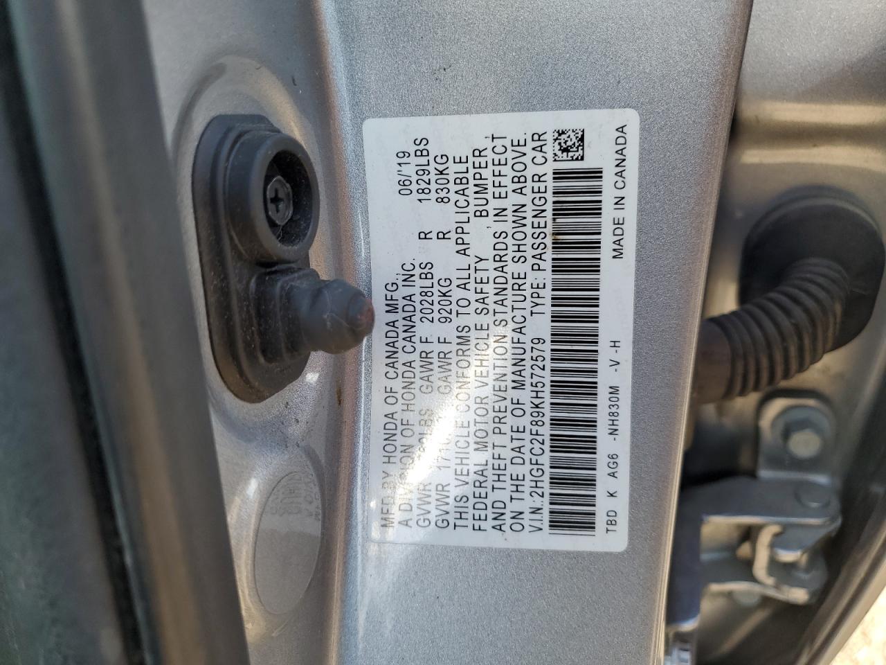 2019 Honda Civic Sport VIN: 2HGFC2F89KH572579 Lot: 84579805