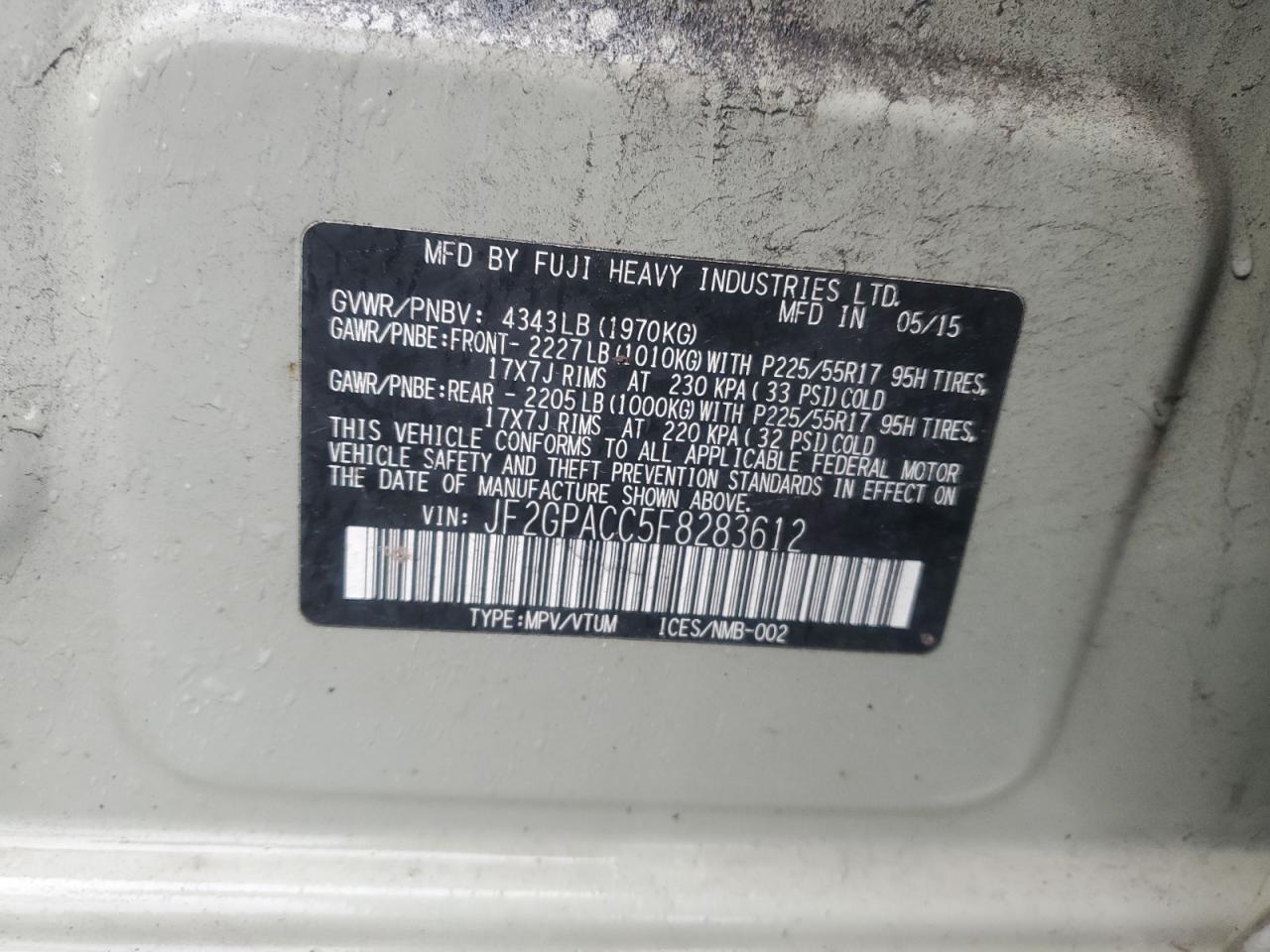 2015 Subaru Xv Crosstrek 2.0 Premium VIN: JF2GPACC5F8283612 Lot: 86290425