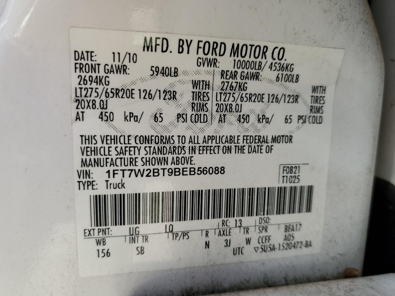 2011 Ford F250 Super Duty VIN: 1FT7W2BT9BEB56088 Lot: 86769085