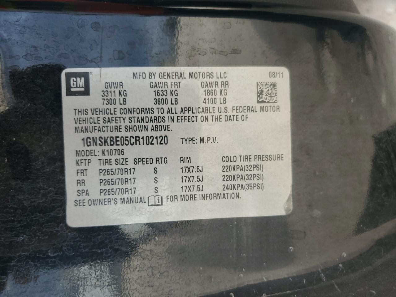 2012 Chevrolet Tahoe K1500 Lt VIN: 1GNSKBE05CR102120 Lot: 87256575