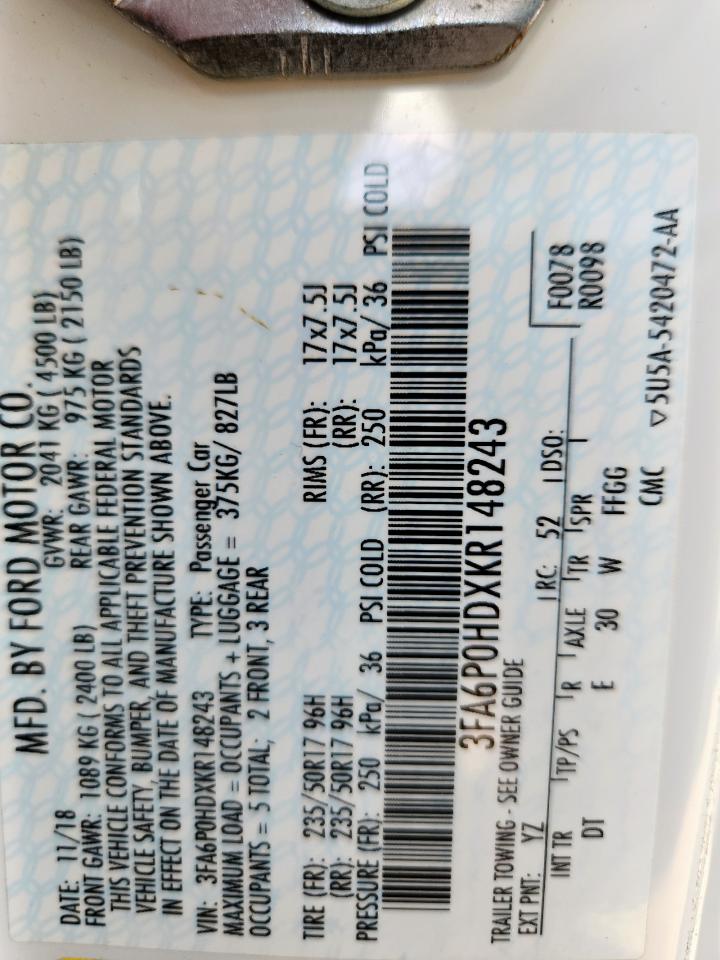 2019 Ford Fusion Se VIN: 3FA6P0HDXKR148243 Lot: 84481575