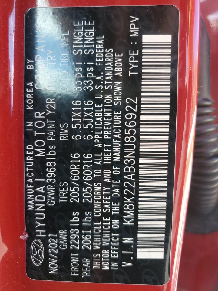 2022 Hyundai Kona Sel VIN: KM8K22AB3NU856922 Lot: 85937535