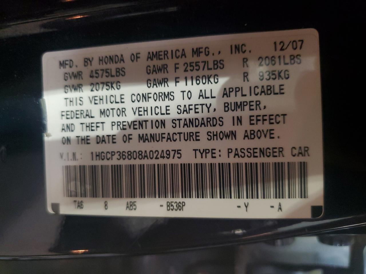 2008 Honda Accord Exl VIN: 1HGCP36808A024975 Lot: 86122415