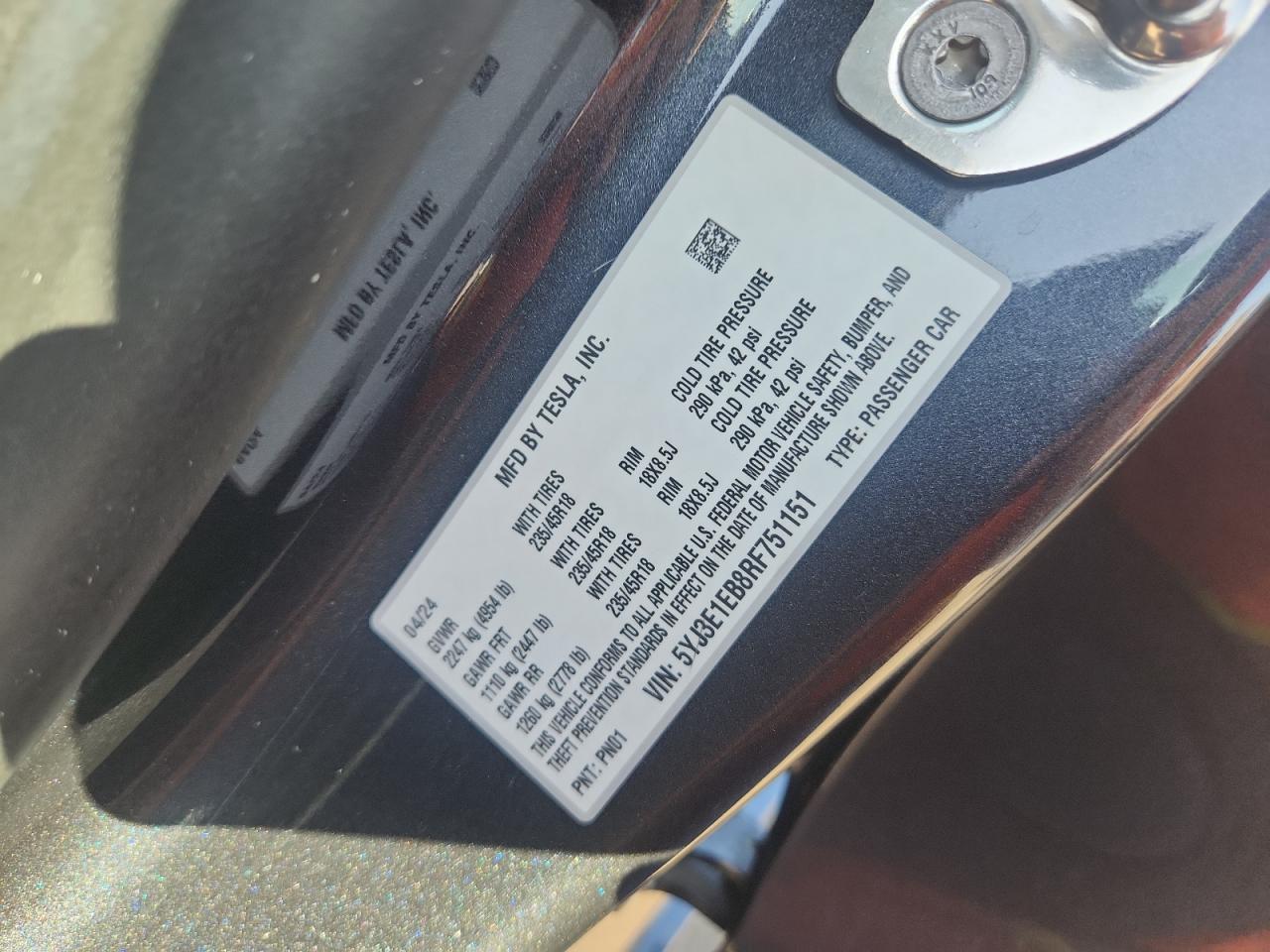 2024 Tesla Model 3 VIN: 5YJ3E1EB8RF751151 Lot: 87027025