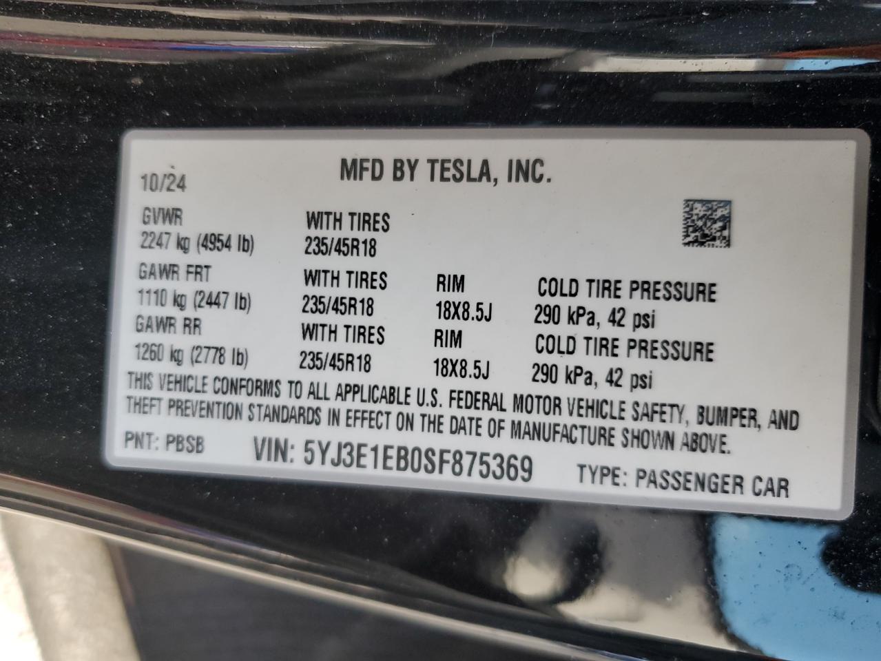 2025 Tesla Model 3 VIN: 5YJ3E1EB0SF875369 Lot: 84726315