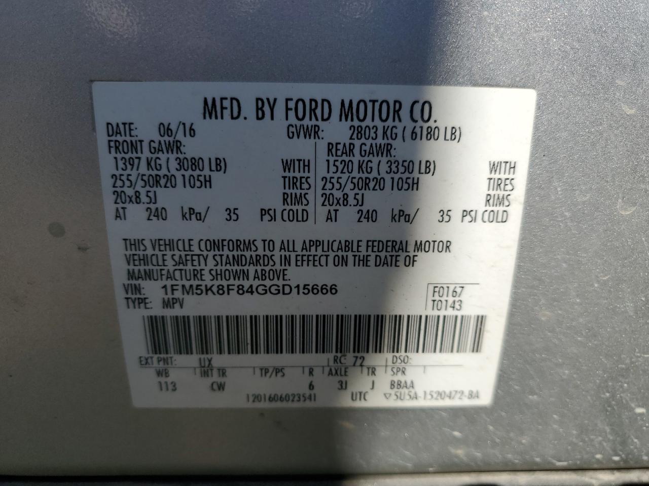 2016 Ford Explorer Limited VIN: 1FM5K8F84GGD15666 Lot: 85749005