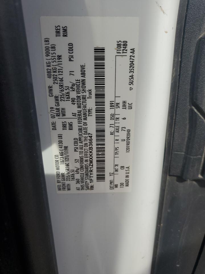 2019 Ford Transit T-250 VIN: 1FTYR1ZMXKKB36647 Lot: 85112495