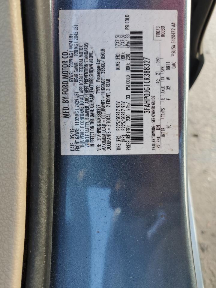 2012 Ford Fusion Sel VIN: 3FAHP0JG1CR388327 Lot: 85077415