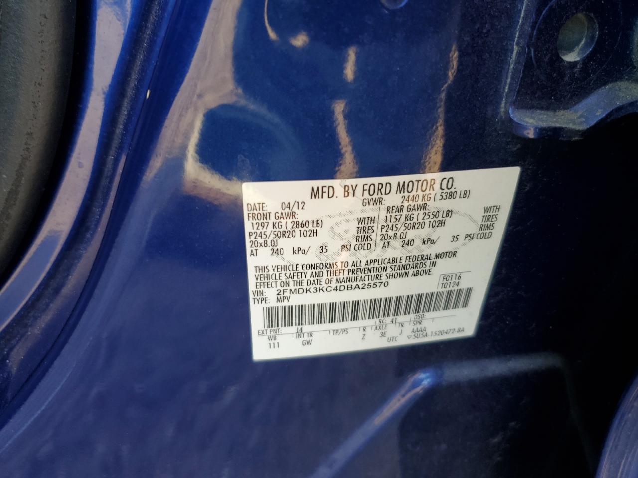 2013 Ford Edge Limited VIN: 2FMDK3KC4DBA25570 Lot: 82188935