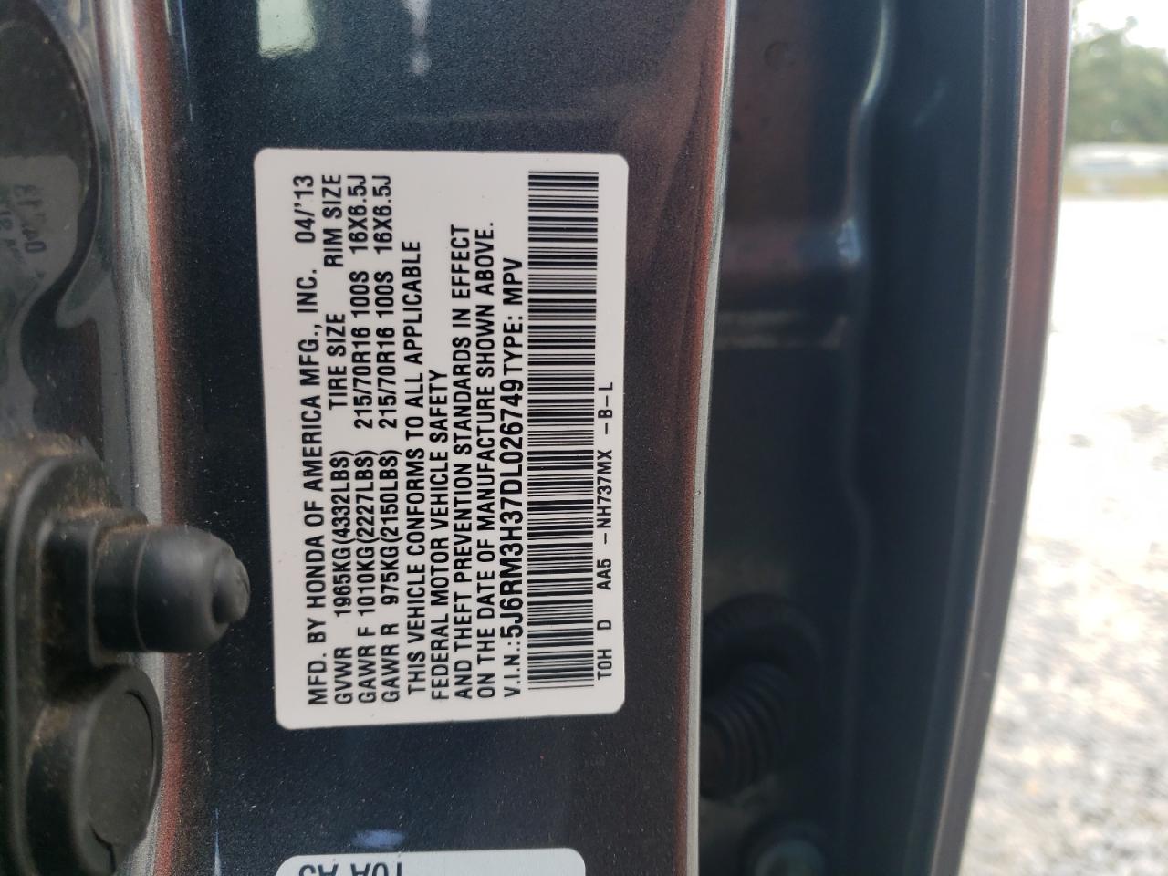 2013 Honda Cr-V Lx VIN: 5J6RM3H37DL026749 Lot: 85695955