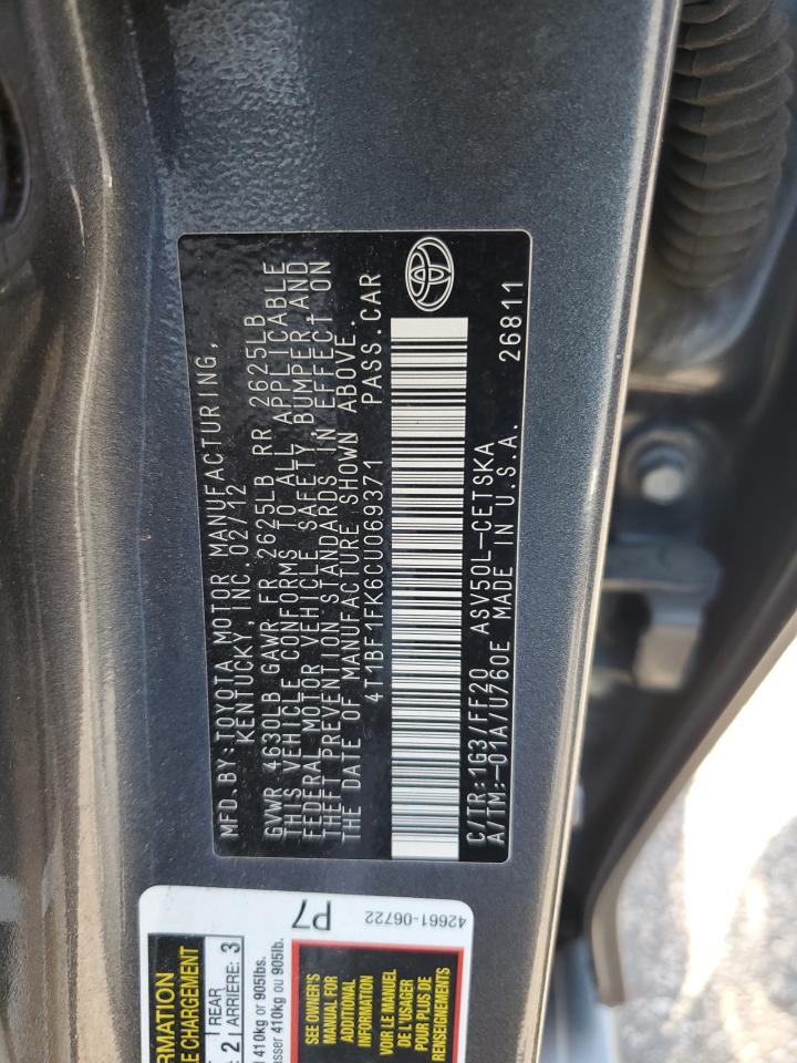 2012 Toyota Camry Base VIN: 4T1BF1FK6CU069371 Lot: 82281425