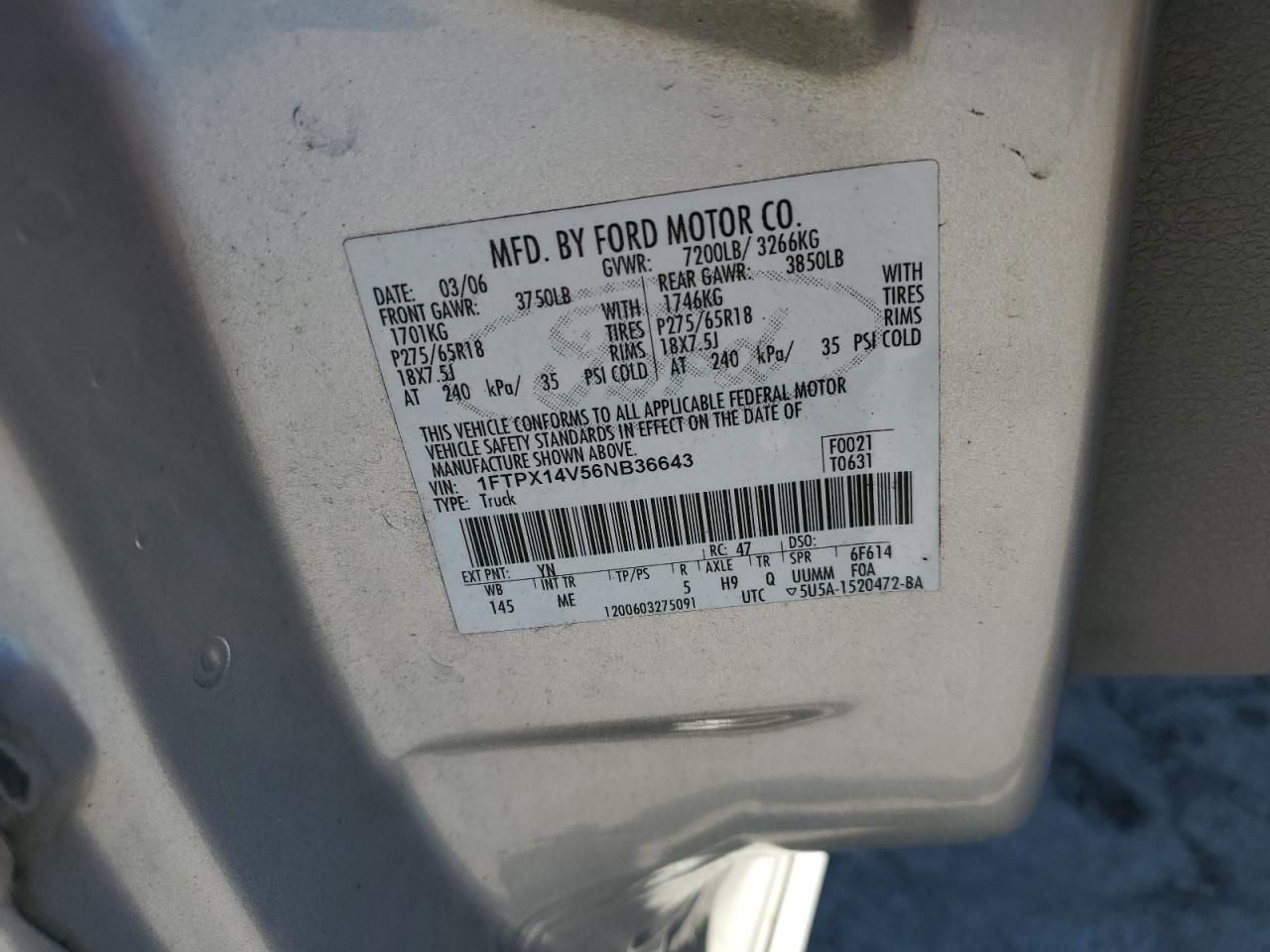 2006 Ford F150 VIN: 1FTPX14V56NB36643 Lot: 82335305