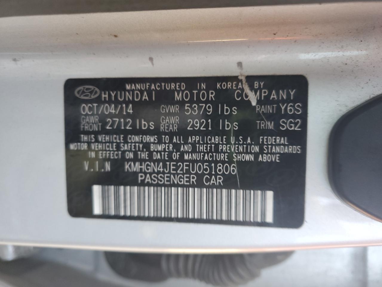 2015 Hyundai Genesis 3.8L VIN: KMHGN4JE2FU051806 Lot: 85565085