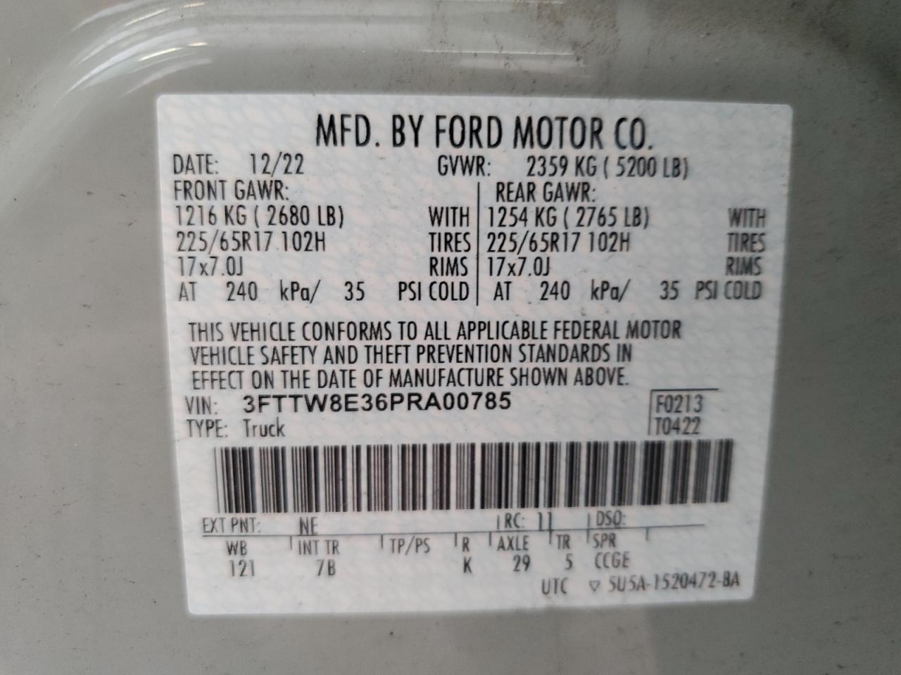 2023 Ford Maverick Xl VIN: 3FTTW8E36PRA00785 Lot: 85764565