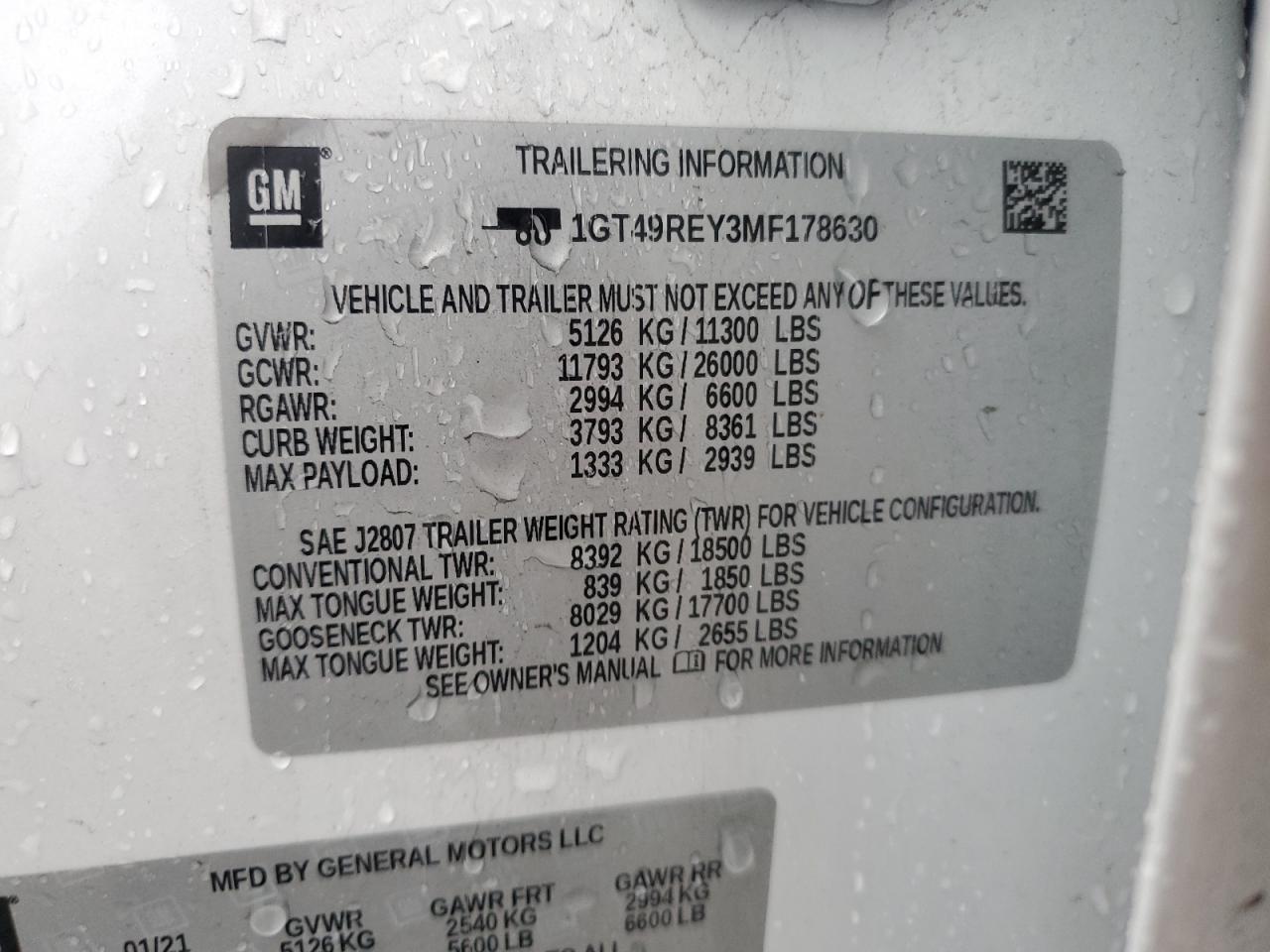 2021 GMC Sierra K2500 Denali VIN: 1GT49REY3MF178630 Lot: 89927765