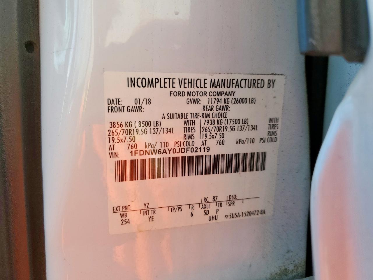 2018 Ford F650 Super Duty VIN: 1FDNW6AY0JDF02119 Lot: 85115335