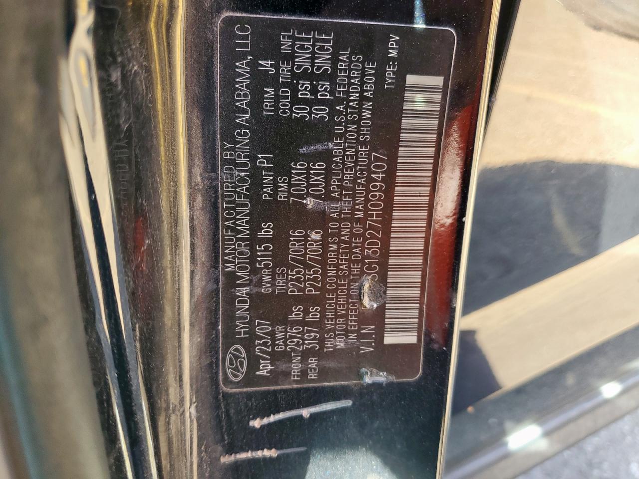 2007 Hyundai Santa Fe Gls VIN: 5NMSG13D27H099407 Lot: 82258365