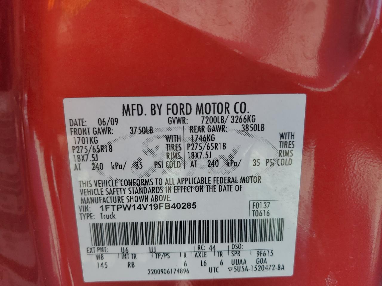 2009 Ford F150 Supercrew VIN: 1FTPW14V19FB40285 Lot: 84904305