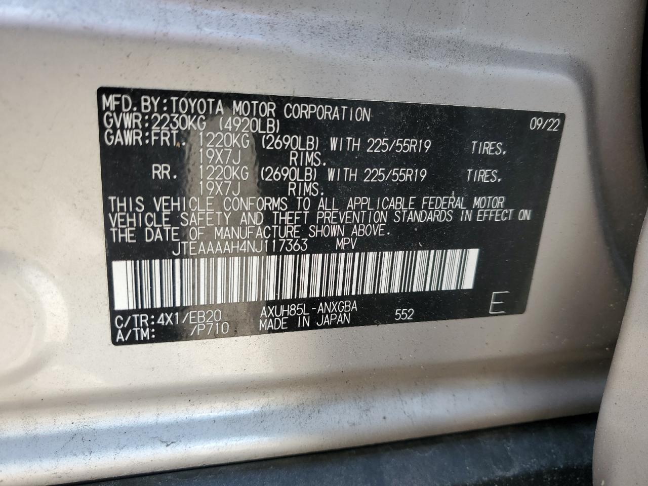 2022 Toyota Venza Le VIN: JTEAAAAH4NJ117363 Lot: 87287485