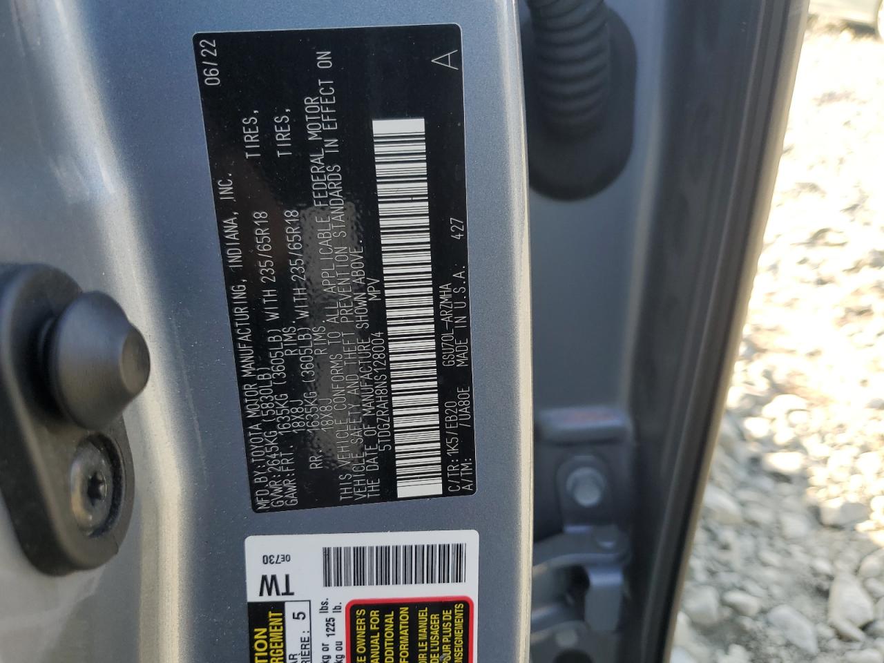 2022 Toyota Highlander Xle VIN: 5TDGZRAH8NS128004 Lot: 87076515