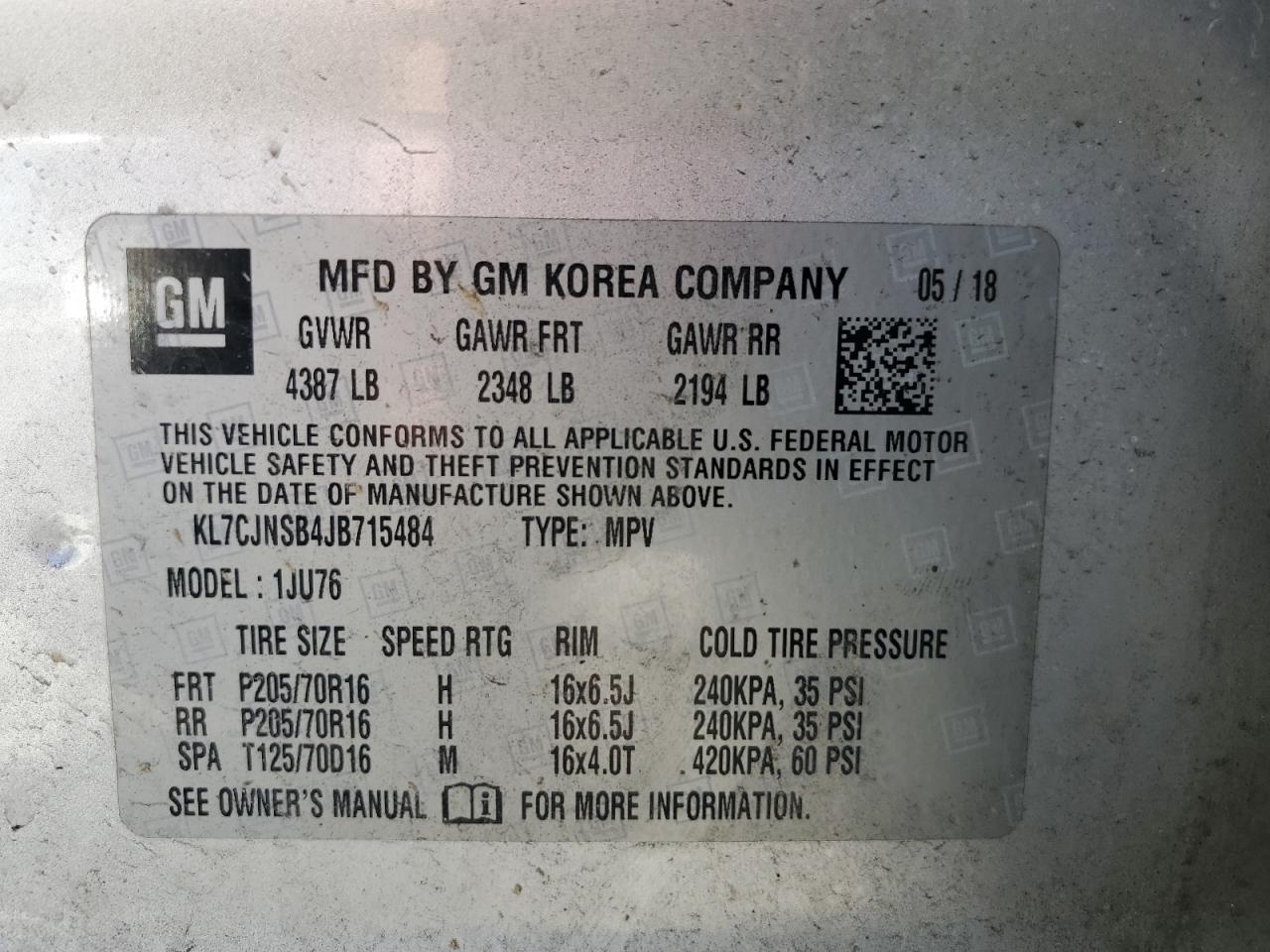 2018 Chevrolet Trax Ls VIN: KL7CJNSB4JB715484 Lot: 81967585