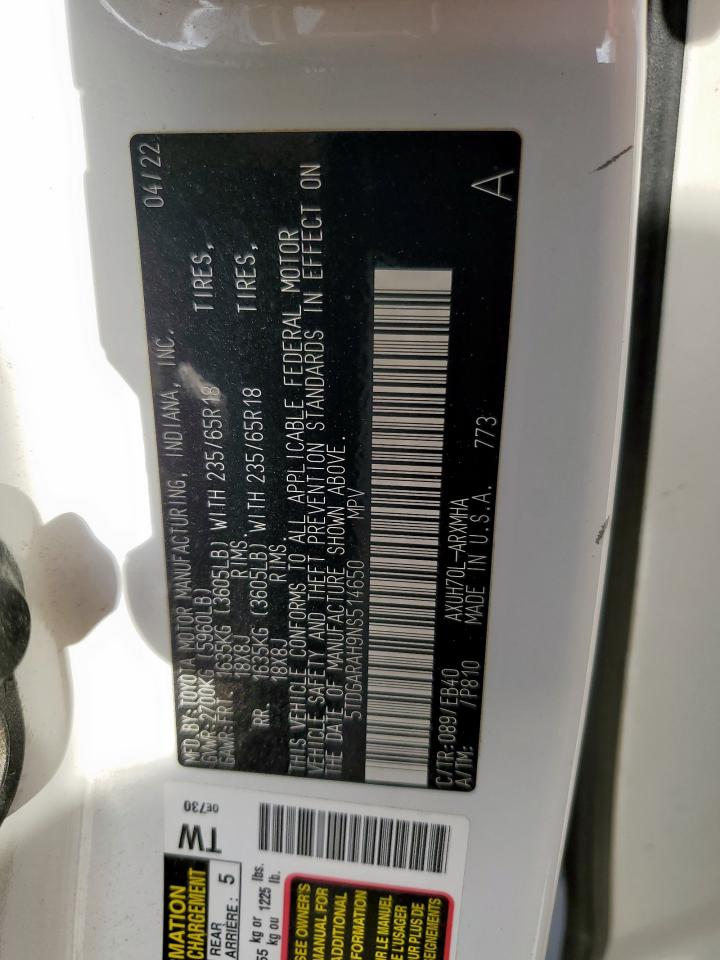 2022 Toyota Highlander Hybrid Xle VIN: 5TDGARAH9NS514650 Lot: 85698975