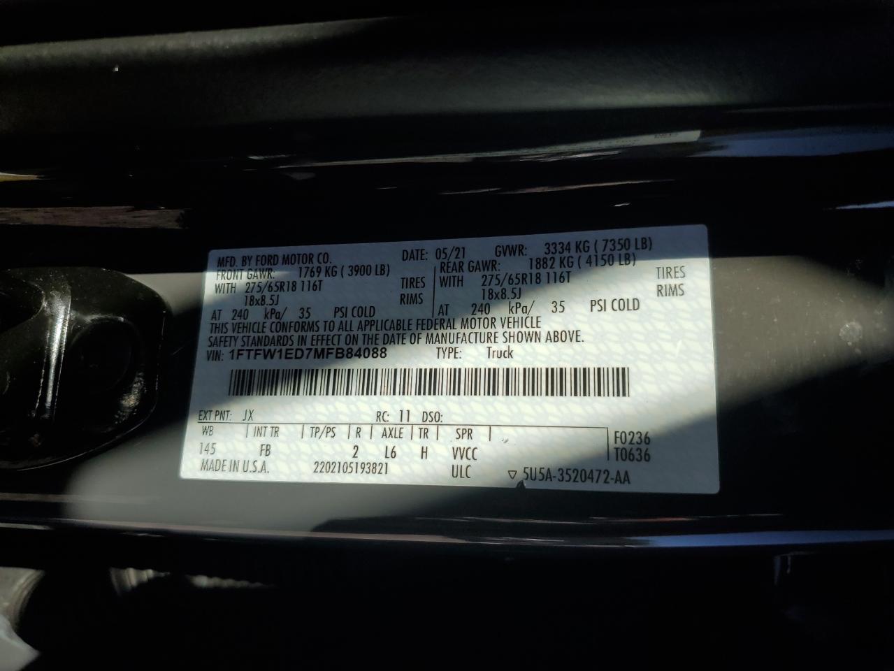 2021 Ford F150 Supercrew VIN: 1FTFW1ED7MFB84088 Lot: 84791745