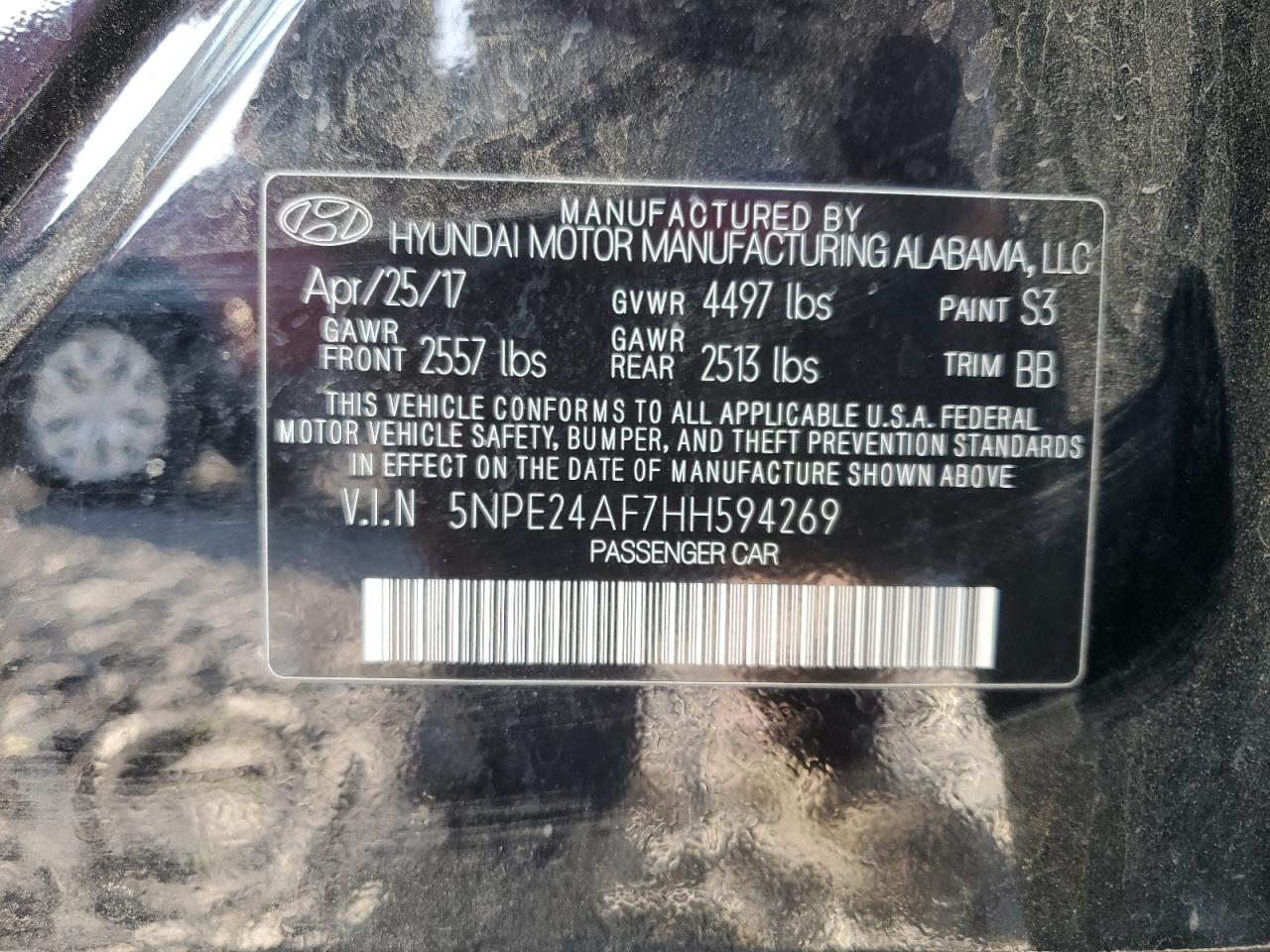 2017 Hyundai Sonata Se VIN: 5NPE24AF7HH594269 Lot: 85396375