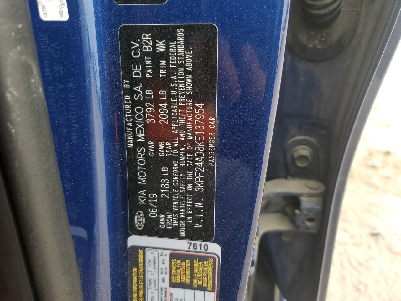 2019 Kia Forte Fe VIN: 3KPF24AD8KE137954 Lot: 89705515