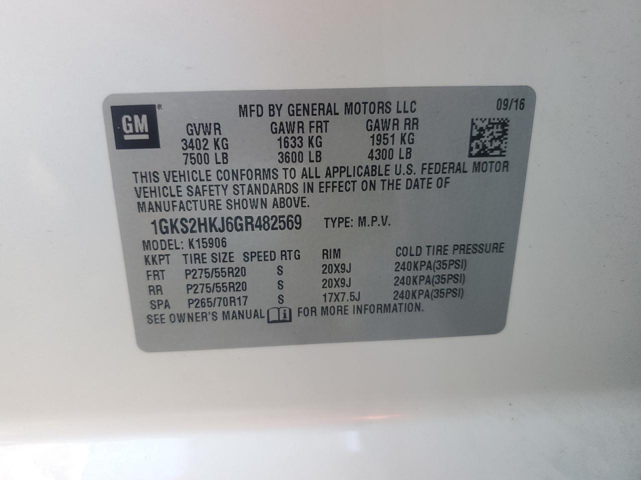 2016 GMC Yukon Xl Denali VIN: 1GKS2HKJ6GR482569 Lot: 87085435