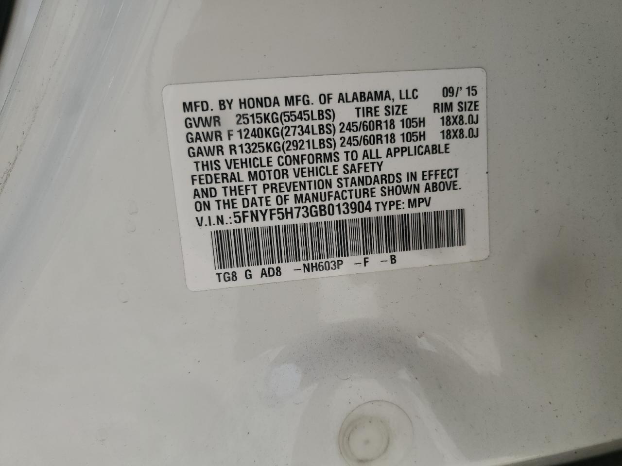 2016 Honda Pilot Exln VIN: 5FNYF5H73GB013904 Lot: 82594615