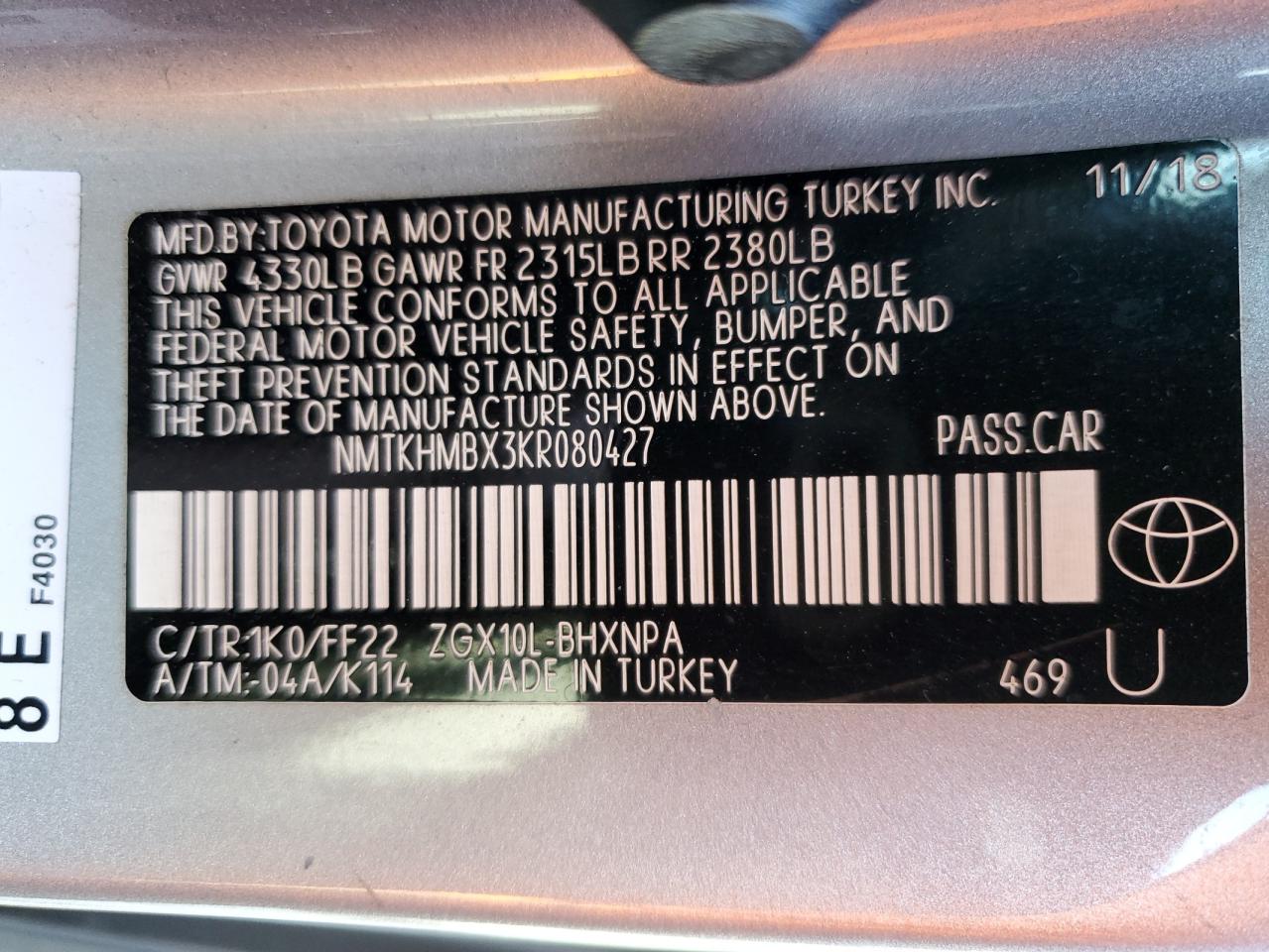2019 Toyota C-Hr Xle VIN: NMTKHMBX3KR080427 Lot: 82208365