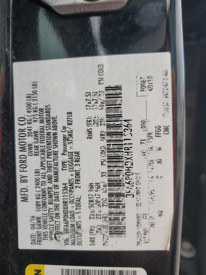 2017 Ford Fusion Se VIN: 3FA6P0HDXHR115364 Lot: 89827855