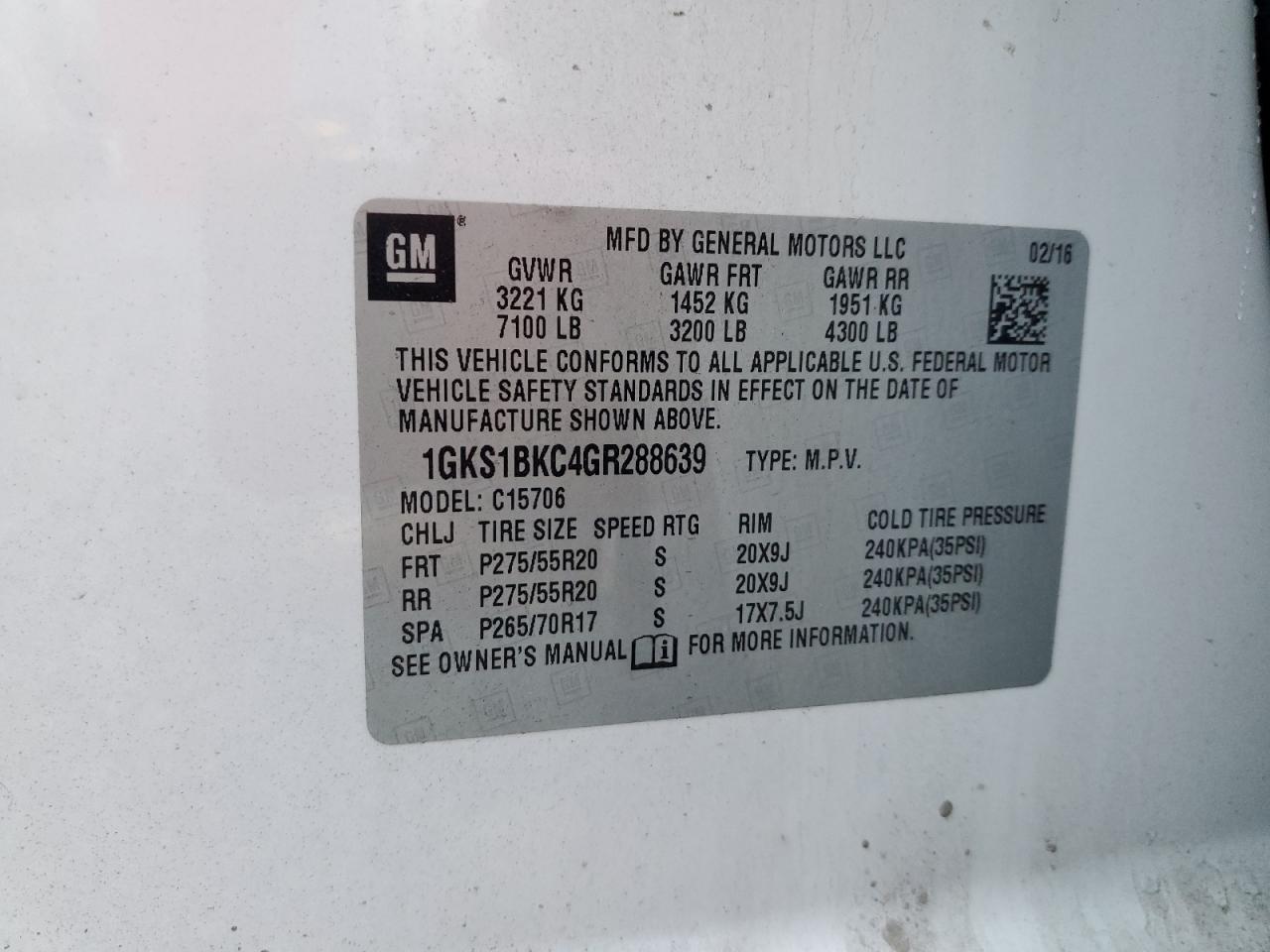 2016 GMC Yukon Slt VIN: 1GKS1BKC4GR288639 Lot: 91364185