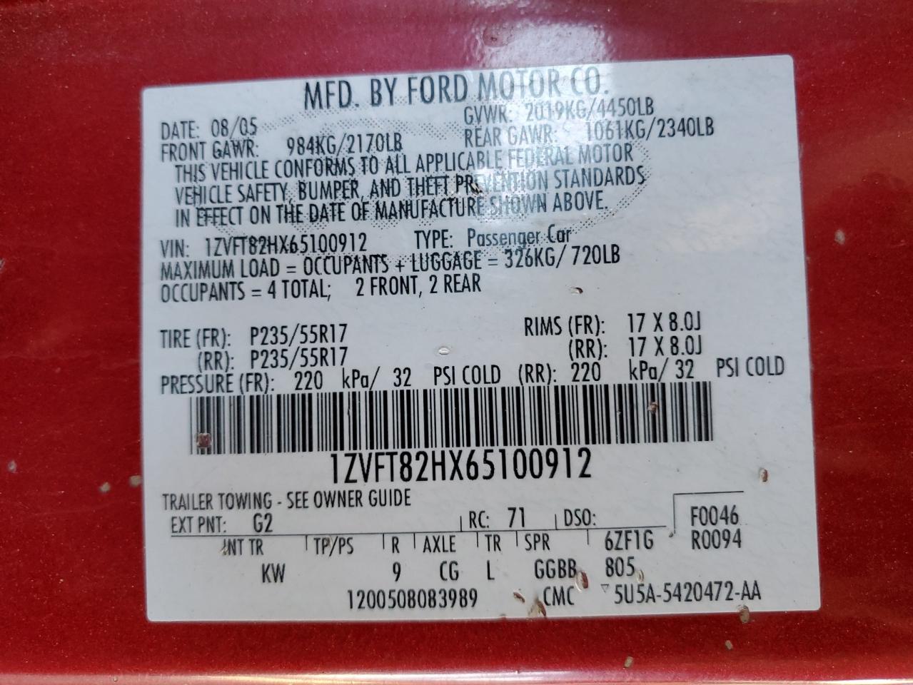 2006 Ford Mustang Gt VIN: 1ZVFT82HX65100912 Lot: 86817615