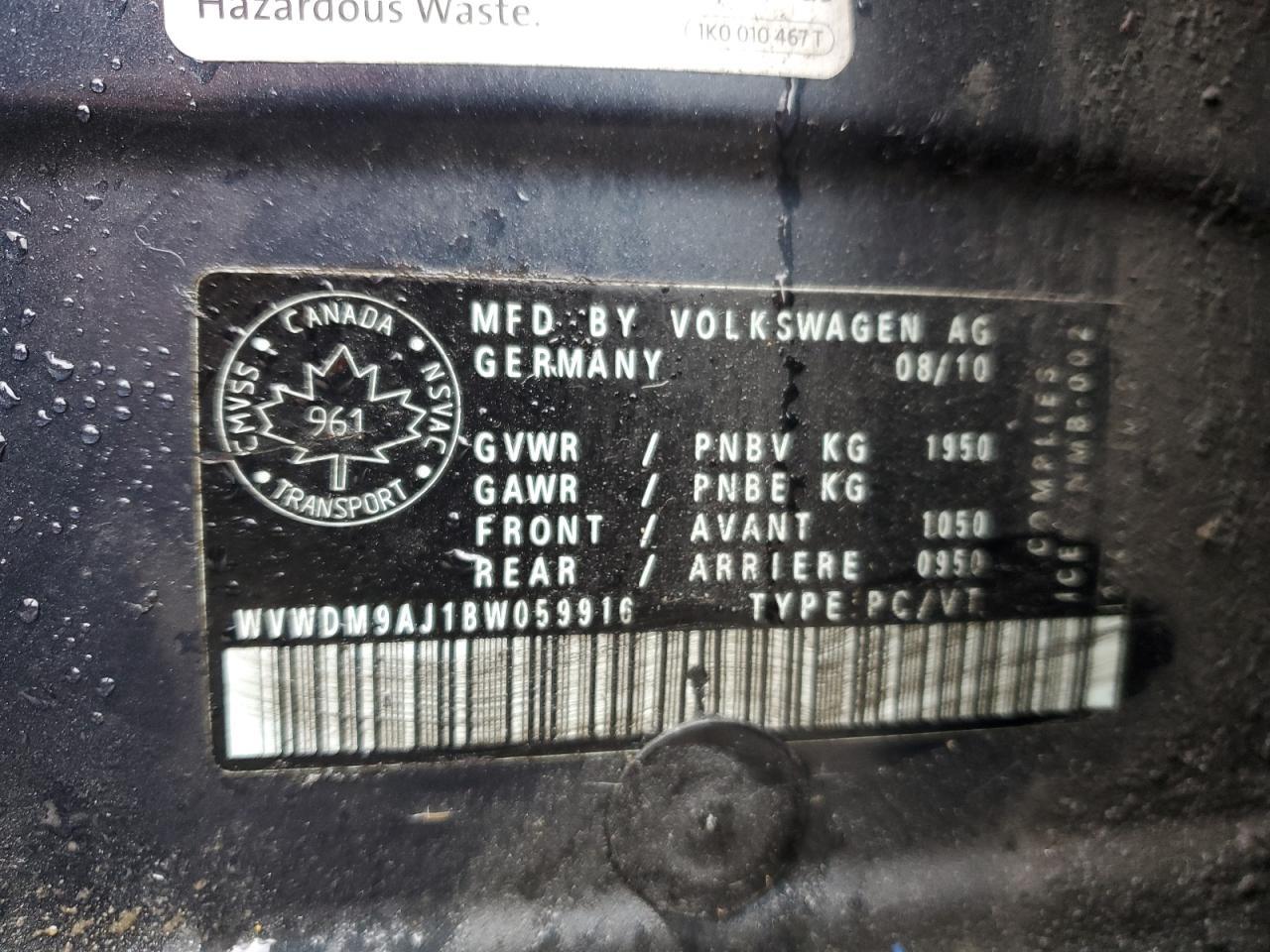 2011 Volkswagen Golf VIN: WVWDM9AJ1BW059916 Lot: 89670725