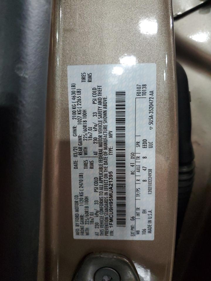 2021 Ford Escape Sel VIN: 1FMCU9H95MUA21395 Lot: 85747095