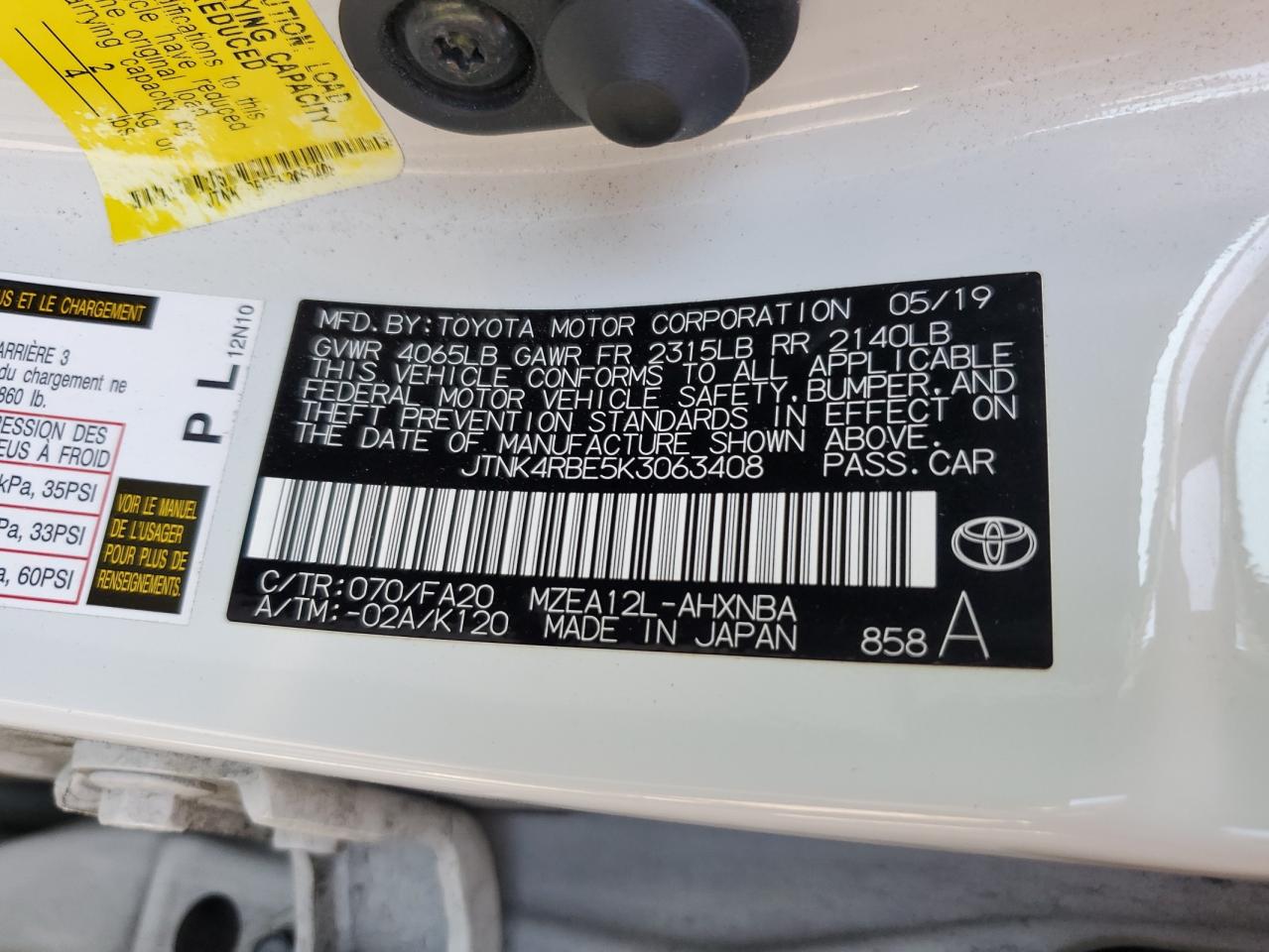 2019 Toyota Corolla Se VIN: JTNK4RBE5K3063408 Lot: 84793515