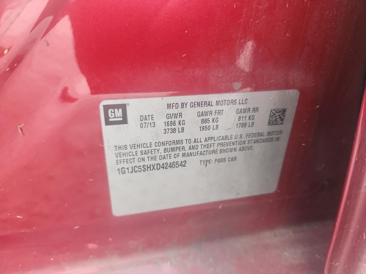 2013 Chevrolet Sonic Lt VIN: 1G1JC5SHXD4246542 Lot: 82243535